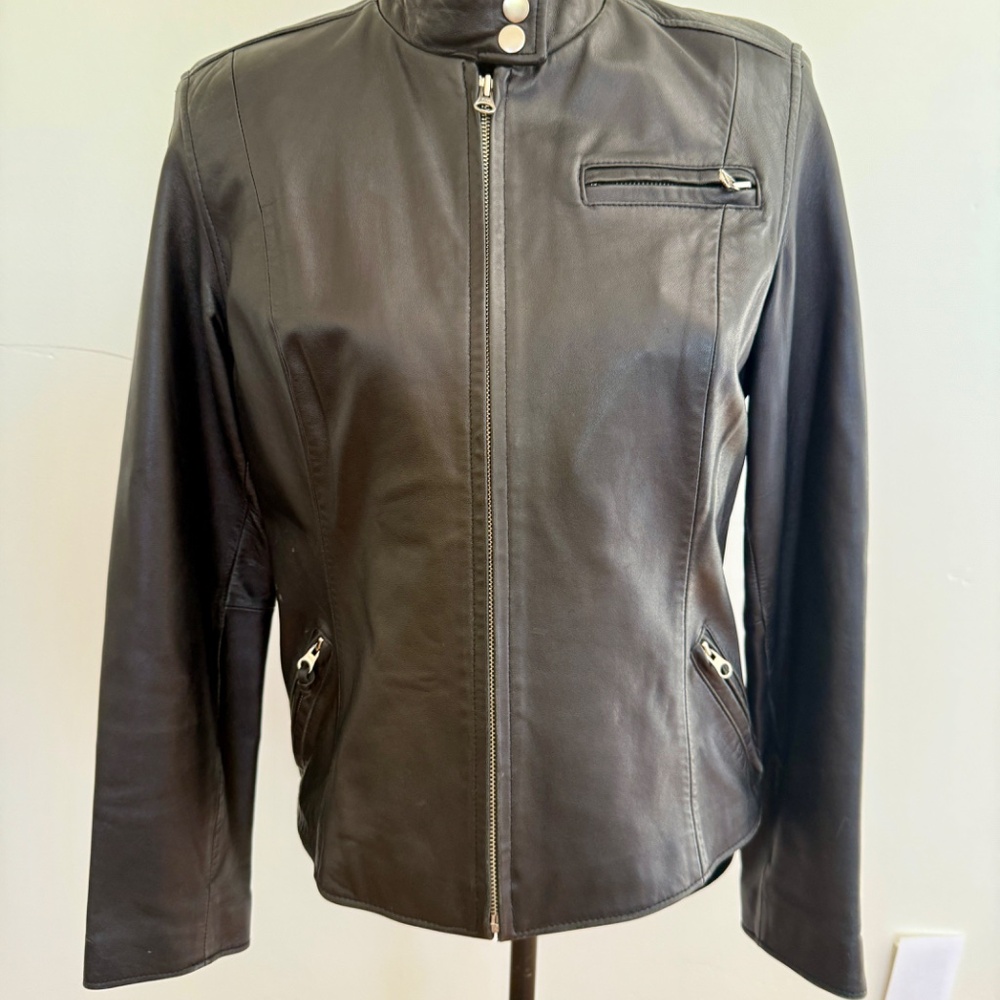 Black Leather Biker Moto Jacket Large